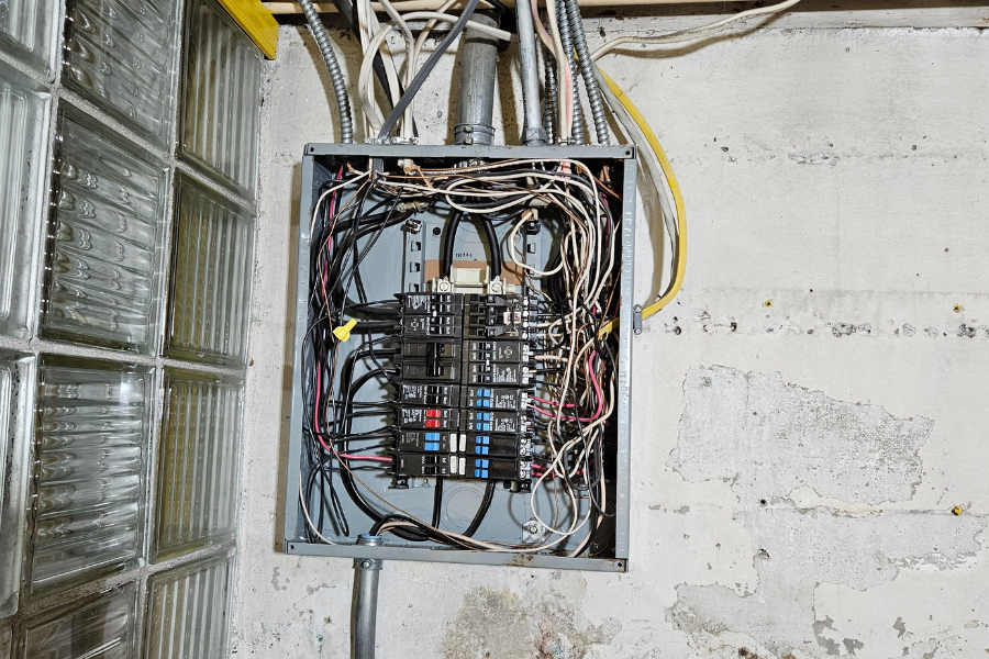 Wired electrical terminals on metal bar wiring cable box, residential house under construction