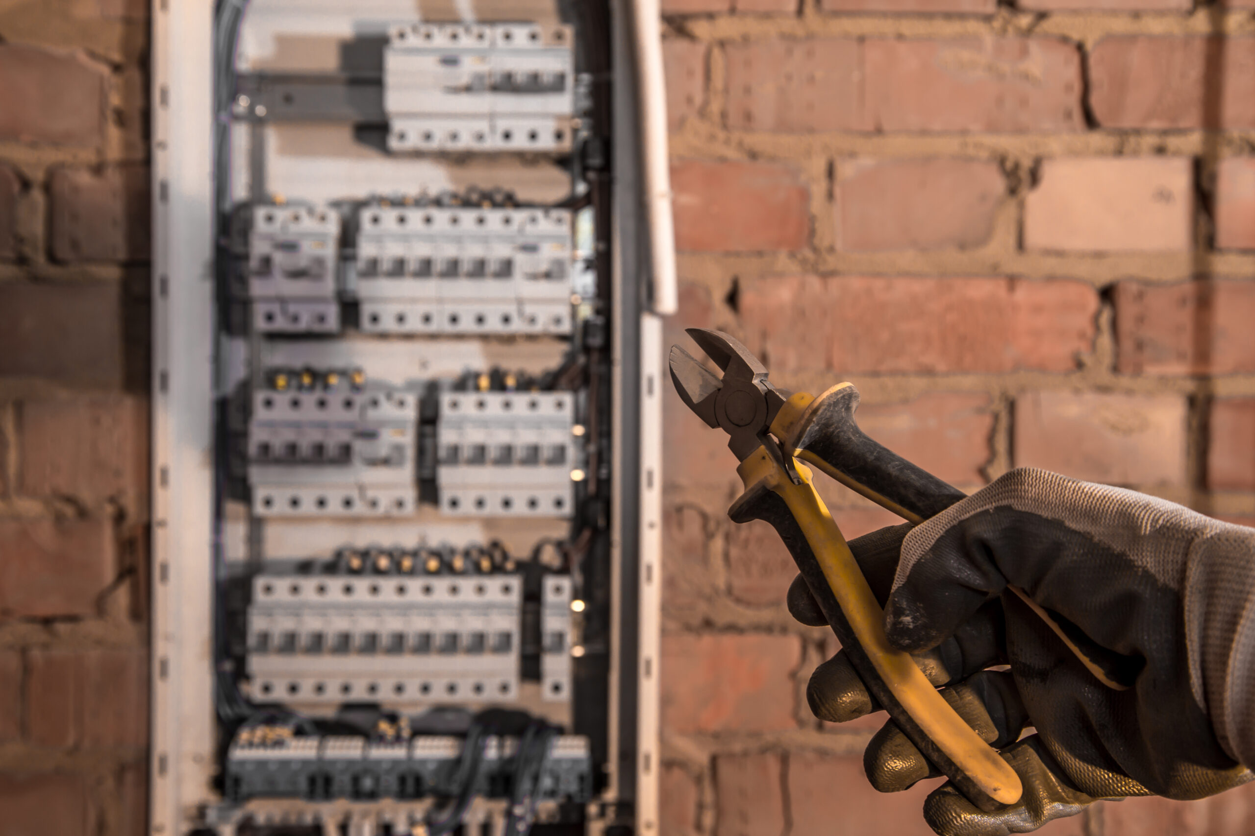 the Assembly of the electrical panel, electrician job, a robot with wires and circuit breakers